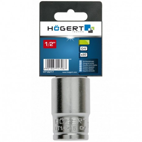 Hogert socket HT1A215, 15mm, 1/2in, CrV steel, DIN 3124, hexagon profile, matt finish