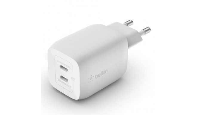 Belkin Boost Charge Pro kahe USB-C pordiga GaN 65 W PD 3.0 valge seinalaadija