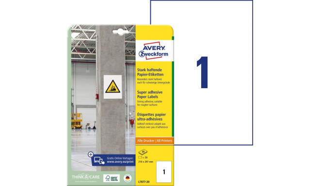 Sticker label industrial AVERY Zweckform 210x297mm 20 sheets in a pack with extra strong glue (L7877