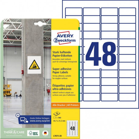 Sticker label industrial AVERY Zweckform 45,7x21,2mm 20 sheets in a pack with extra strong glue (L78