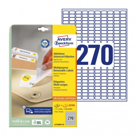 Sticker label AVERY Zweckform 17,8X10mm on 270 sheets, 25 sheets removable (L4730REV-25)
