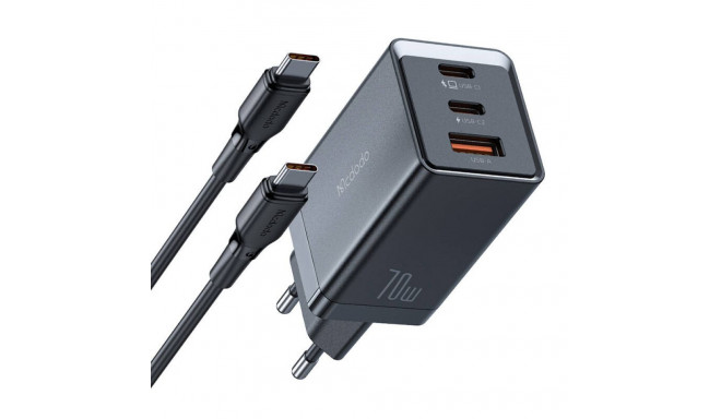 GaN Mcdodo CH-1543 network charger, 2x USB-C, 1x USB, 67W + USB-C to USB-C 2m cable (black)