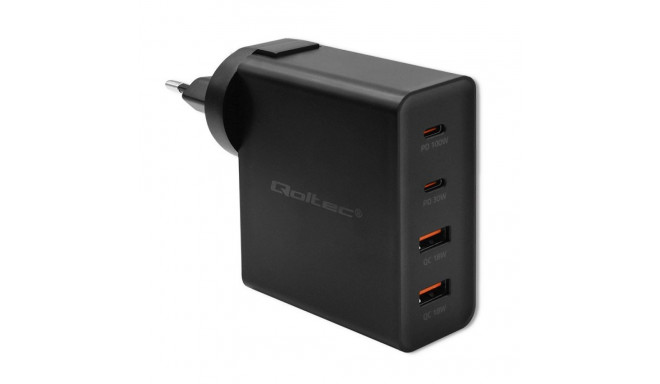 Qoltec GaN POWER PRO laadija | 2xUSB-C | 2xUSB | 130W | 5-20V | 1.5-5A | XP | must