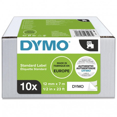 Dymo D1 teip 12 mm x 7 m, must valgel taustal, 10 tk pakk