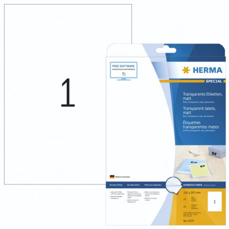 Herma 4375 -kleebis, läbipaistev 210x297 mm, plastik, matt, 1 tk. 25/pakk