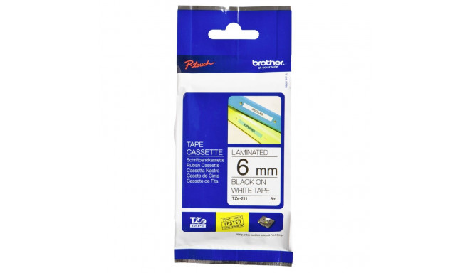 Brother TZe-211 -kleebiselint, 6 mm x 8 m, must valgel taustal