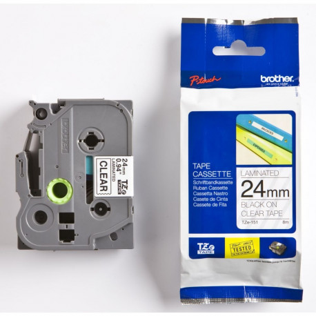 Brother TZe-151 -tarralint, 24 mm x 8 m, must läbipaistval taustal