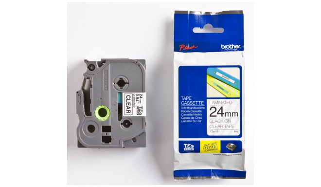 Brother TZe-151 -tarralint, 24 mm x 8 m, must läbipaistval taustal