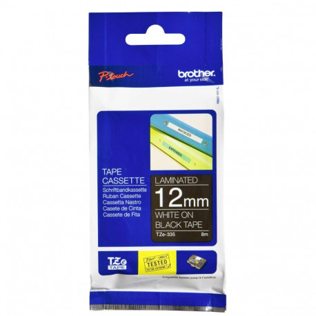 Brother TZe-335 -tarranauha, 12 mm x 8 m, valge mustal taustal
