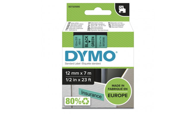 Dymo D1 teip 12 mm x 7 m, must rohelistel taustal