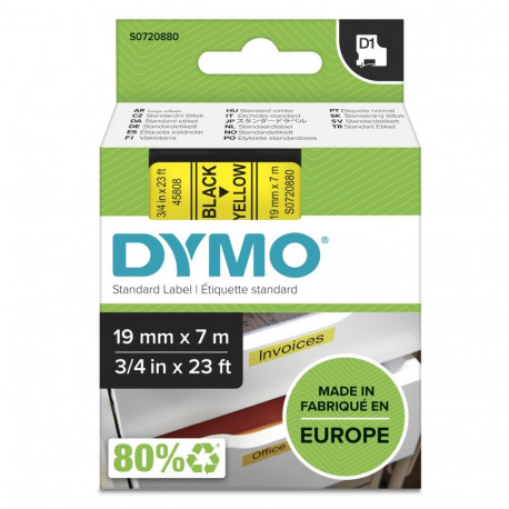 Dymo D1 teip 19 mm x 7 m, must kollasel taustal