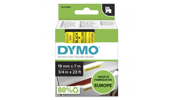 Dymo D1 teip 19 mm x 7 m, must kollasel taustal