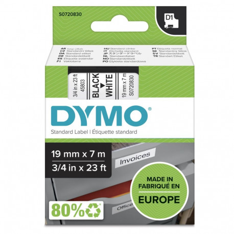 Dymo D1 teip 19 mm x 7 m, must valgel taustal
