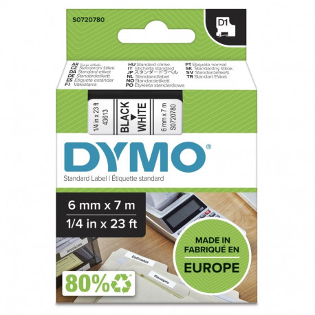 Dymo D1 teip 6 mm x 7 m, must valgel taustal