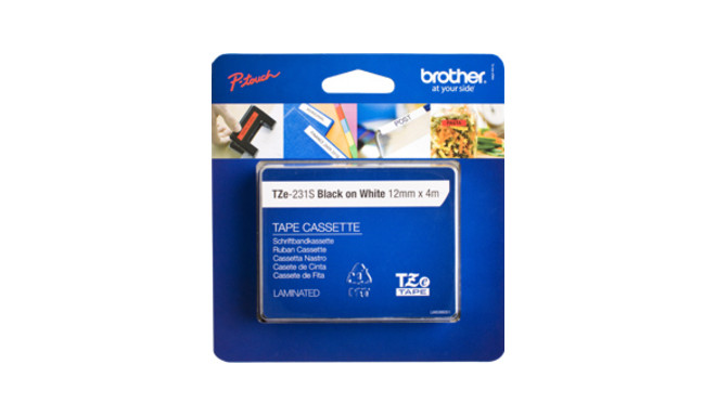 Brother TZe-231S2 -kleeplint, 12 mm x 4 m, must valgel taustal