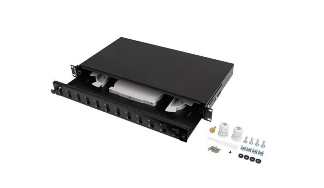 Fiber Optic Distribution Box 12XSC duplex/12XLC QUAD rack 19 1U black + accessories