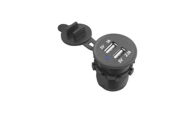 Recessed car charger with lid out: USB-A 5V/2,1A + USB-A 5v/1A, in:12V/24V