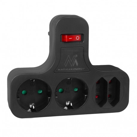 Gniazdko prądowe Maclean, poczwórne z wyłącznikiem, nóżka stabilizującą, typu schuko, 2x2.5A, 2x16A,