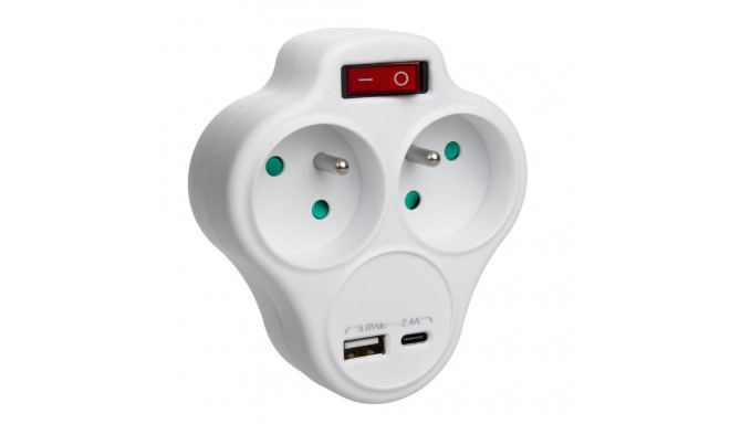 Elektripistik Maclean, kahe pistikupesa ja USB A/C 2.4A, tüüp E, 2x16A, MCE336 E