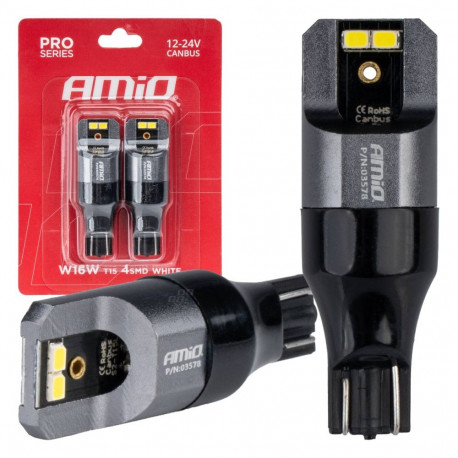 AMIO LED-pirnid CANBUS PRO T15 W16W 4x2016 SMD 12V 24V-03578, valged