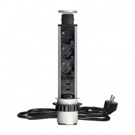 Gniazdo meblowe -6cm wysuwane z blatu z ładowarką USB, blokadą i przewodem 1,8m, 3x2P+Z (Schuko), sr