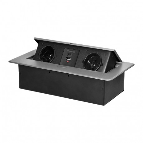 Gniazdo meblowe wpuszczane w blat z płaskim frezowanym rantem i ładowarką USB, 2x2P+Z, 2xUSB (typ A+