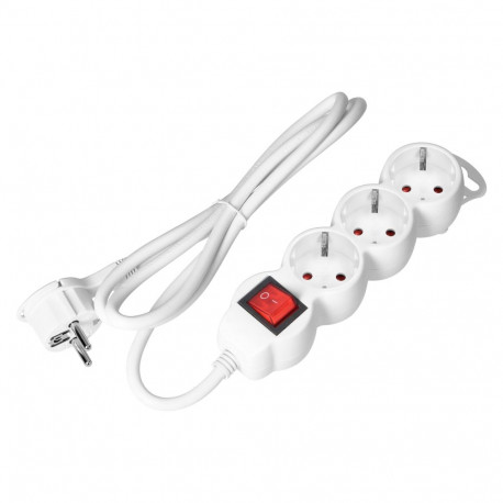 3-kordne pikendusjuhe 2P+Z (Schuko), lülitiga, 5m H05VV-F 3x1,5mm2, Imax=16A, lame pistik, valge
