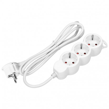 3-kordne pikendusjuhe 2P+Z (Schuko), 5m H05VV-F 3x1,5mm2, Imax=16A, lame pistik, valge