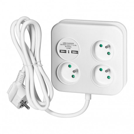 Kwadratowa listwa zasilająca z ładowarką USB 3x2P+Z, 2xUSB-A, kabel 3x1,0mm2, 1,4m