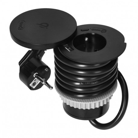 Mööblipesa 6cm pööratava kaane, induktsioonlaadija, USB-laadija ja 1,5m kaabliga, 1x2P+Z, Qi 1.2.4 m