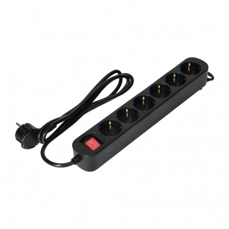 6-kordne pikendusjuhe 2P+Z (Schuko), lülitiga, 1,5m H05VV-F 3x1,0mm2, Imax=10A, lame pistik, must