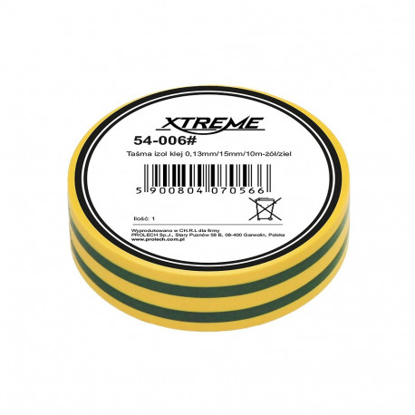 54-006# isoleerteip 0,13mm/15mm/10m - kollane/roheline (10 tk.)