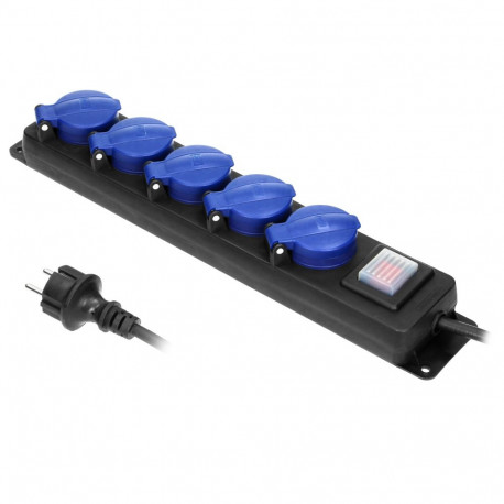 Przedłużacz warsztatowy bryzgoszczelny z wyłącznikiem, 5 gniazd 2P+Z (schuko), IP44, przewód gumowy,