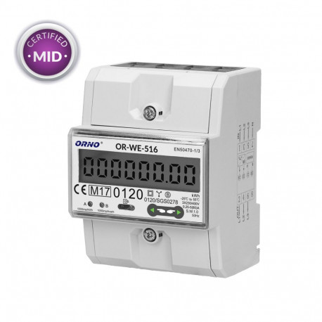 3-faasiline elektrienergia arvesti, 80A, RS-485 port, MID, 3 moodulit, DIN TH-35mm
