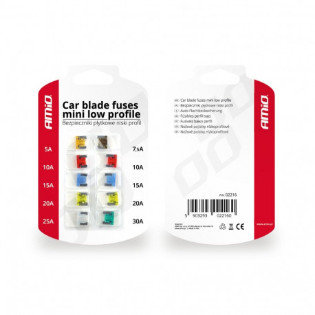 Bezpieczniki samochodowe płytkowe niski profil zestaw komplet 10 szt. amio-02216