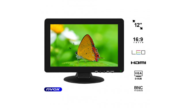 Auto- või iseseisev monitor LCD 12 tolli LED VGA HDMI 12V 230V... (NVOX PC1211 VGAH)