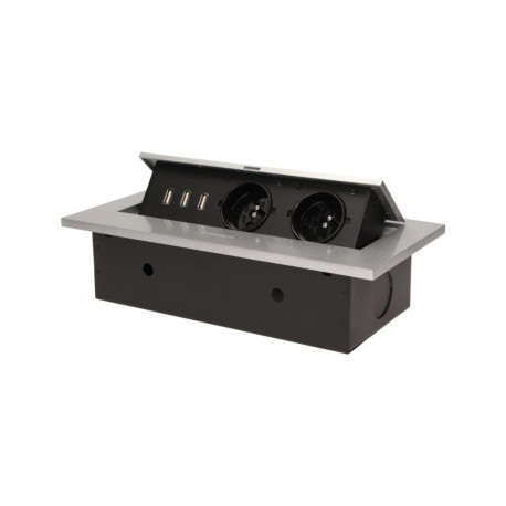 Mööblisisene tööpinna pistikupesa paksu servaga, 2x2P+Z, 3 USB porti, hõbedane