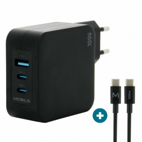 Mobilis võrgulaadija 100W 2USB-C 1USB-A GaN kaabel 100W sülearvutile, nutitelefonile ja tahvelarvuti