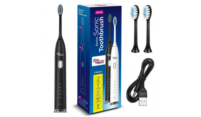 Promedix sonic toothbrush, black color, 5 modes, timer, level indicator battery, 2 ends, USB cable, 