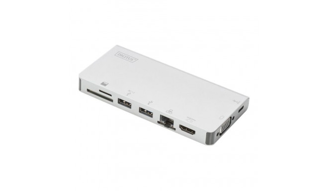 DIGITUS USB Multiport Travel Dock 8 Port 4K HDMI VGA 2x USB-C 2x USB3.0 RJ45 MicroSD SD/MMC silver