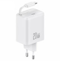 USAMS Charger 1xUSB-C with retractable USB-C cable Retractable PD+QC 20W Gan Fast Charging white YC 