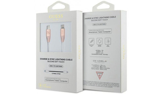 Guess GUCLLALRGDP USB-C kaabel -Lightning 1.5m kiirlaadimine roosa reljeefne logo