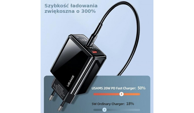 USAMS seinalaadija 1xUSB-C + 1xUSB T40 20W LED (ainult pea) PD3.0 + QC3.0 kiirlaadimine must CC133T