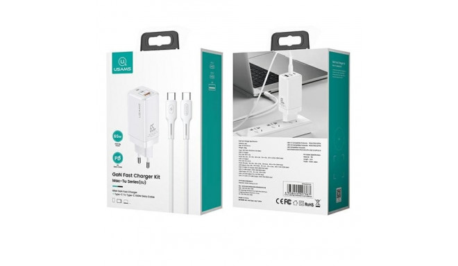 Usams Charger MT 2xUSB-C+USB GaN 65WT33 PD + USB-C-USB-C 100W kiirlaadimiskaabel valge MTXLOGTC02