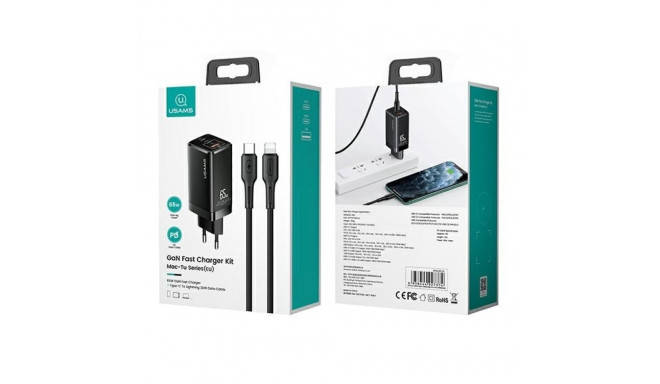 USAMS Charger MT 2xUSB-C+USB GaN 65WT33 PD + USB-C-Lightning 30W kiirlaadimiskaabel must/must MTXLOG