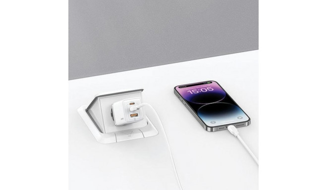 USAMS laadija 2xUSB-C+1xUSB 65W (ainult pea) GaN PD3.0 +QC3.0 kiirlaadimine valge Sandru Seri