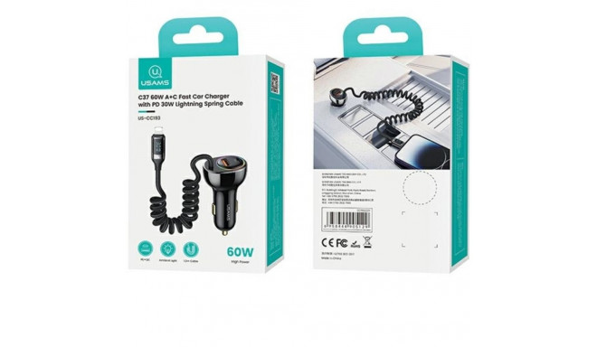 USAMS C37 autolaadija 1xUSB+1xUSB-C 60W + Lightning kaabel 30W PD+QC kiirlaadimine must CC193CC0