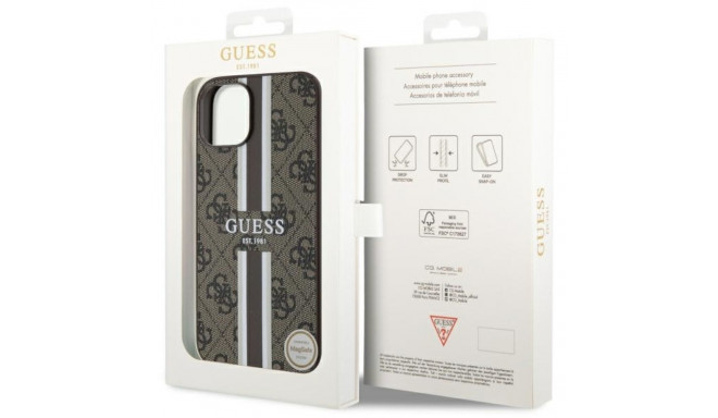Guess GUHMP14SP4RPSW iPhone 14 / 15 / 13 6.1" pruun kõvakorpus 4G trükitud triibud MagSafe