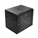 Wall-mounted network cabinet 19" 9U rack 600x450, door pane, black, until, folded, 60kg