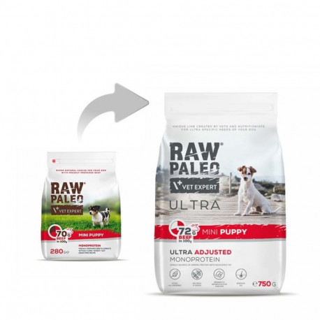 VETEXPERT väikest tõugu kutsikate kuivtoit Raw Paleo Ultra Mini Puppy veiselihaga 750g